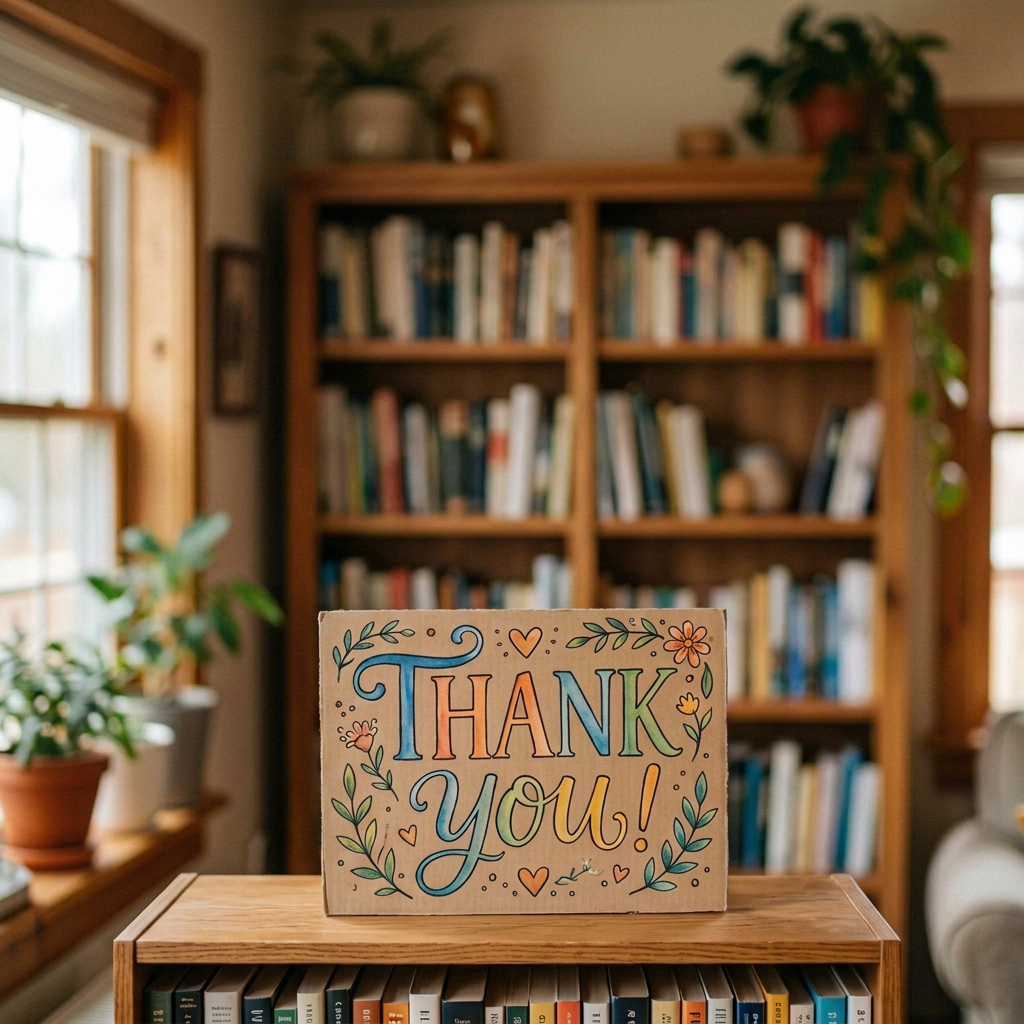 Smiling woman holding a handmade sign reading “THANK YOU!”